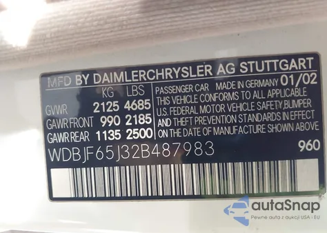 2002 Mercedes-Benz E 320 Special Edition из США, поврежденный, VIN WDBJF65J32B487983